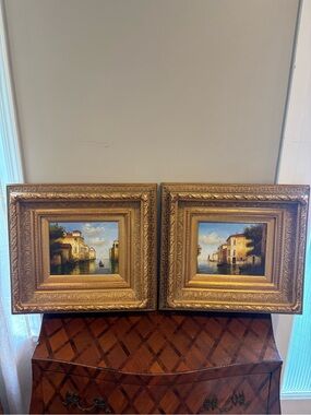 Set of 2 Vintage Framed Oil Paintings of Venetian Canal Scenes